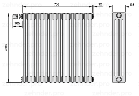 Схема (чертеж) Радиатор Zehnder Charleston 4280/16 №V012 Белый глянцевый RAL 9016